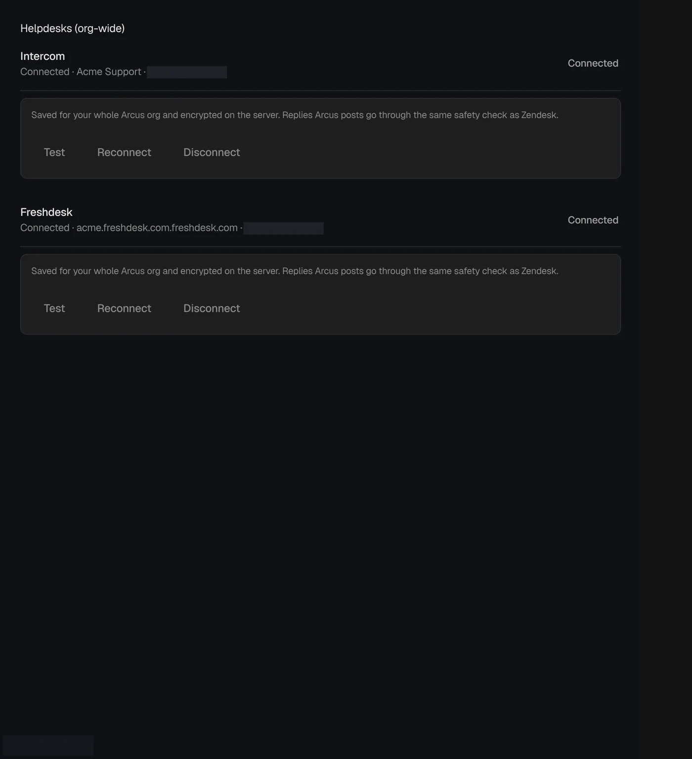 Helpdesks section showing connected Intercom and Freshdesk for the org