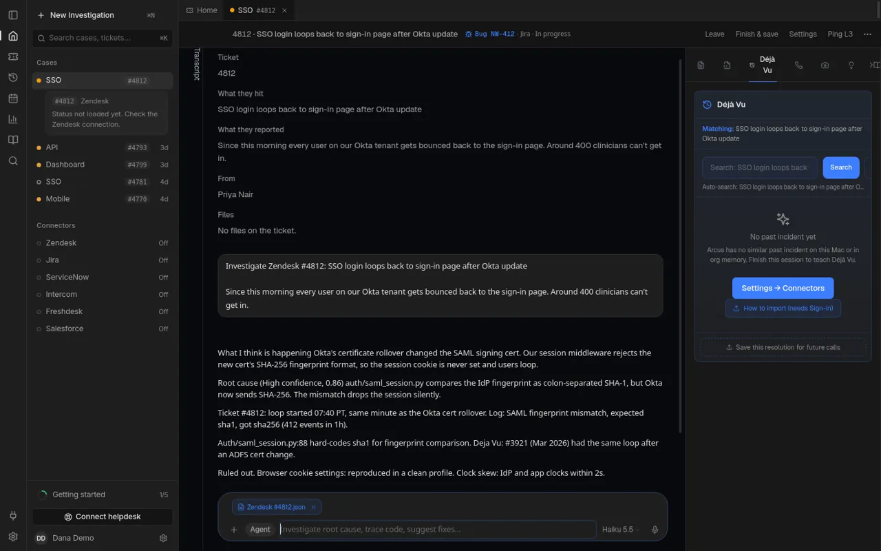 Déjà Vu tab next to an investigation, searching with the case symptom