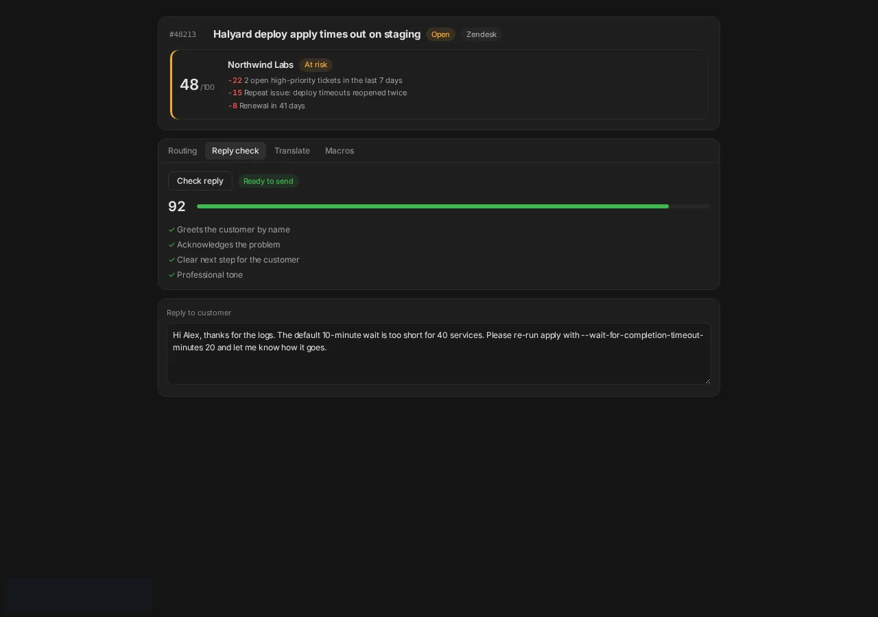 Reply check showing Ready to send with checklist passed